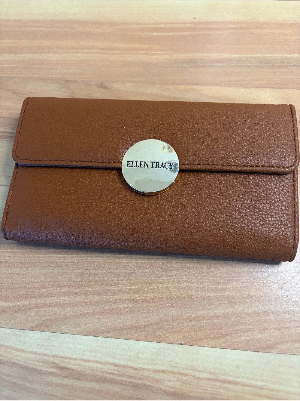 Ellen Tracy Cognac Leather Wallet with Gold Logo Disc